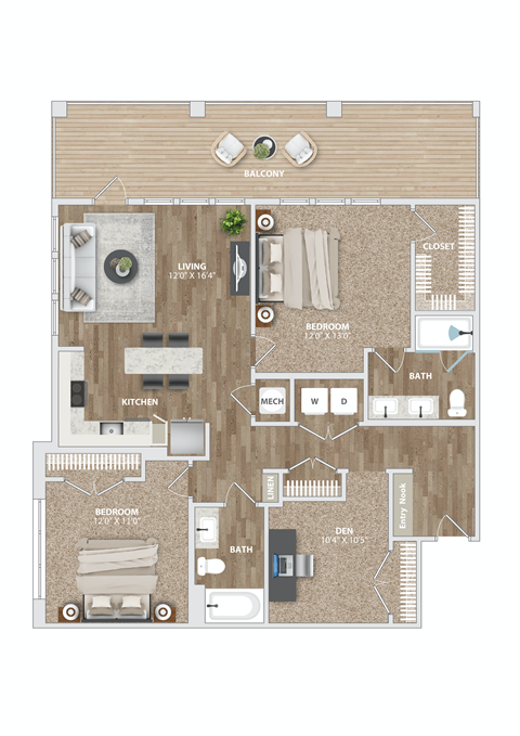 2 bed 2 bath BD2-2 Floor Plan at Preston Ridge, North Carolina